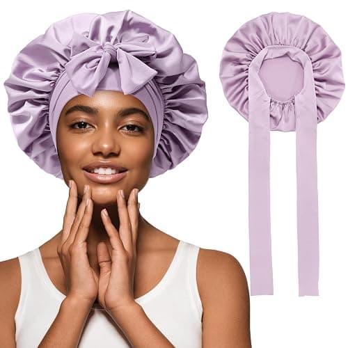 Satin Hair Bonnet Wide Band - Silk Like Sleeping Bonnets for Curly Hair Hair Wrap for Night Cap with Tie Band Breathable Satin Bonnet for Women and Girls (Purple) - Image 1