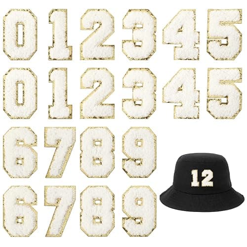 20PCS Chenille Number Patches, Iron on Numbers 0-9 Gilter Varsity Patches Embroidery Self-Adhesive White Applique for Team Jerseys Sports Football Jeans Bags Decors - Image 1