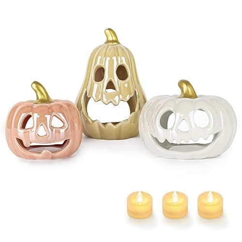 Sunlit Ceramic Pumpkin with 3 Tea Lights, Jack O Lantern Candle Holder Set of 3, Tabletop Indoor Halloween Decorations for Holiday Party Home, Pearl Finish - Image 1
