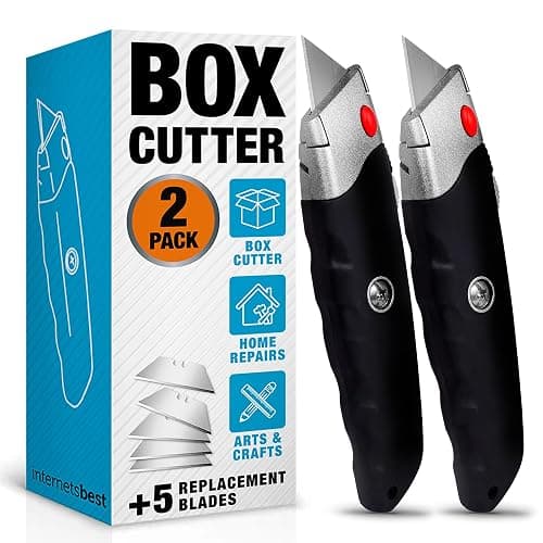 INTERNET'S BEST Premium Utility Knife Set | Retractable Box Cutter with Rubber Handle | Heavy-Duty Cutting for Cardboard, Carpet, Plastic | Retractable Blade | Includes 2 Razor Knives & Extra Blades - Image 1