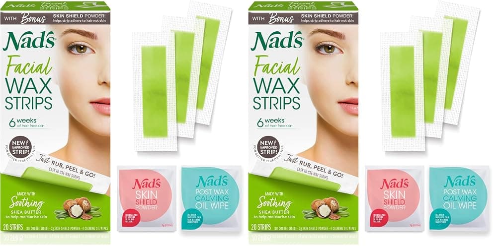Nad's Facial Wax Strips - Hypoallergenic All Skin Types - Facial Hair Removal For Women - At Home Waxing Kit with 20 Face Wax Strips + 4 Calming Oil Wipes + Skin Protection Powder (Pack of 2) - Image 1