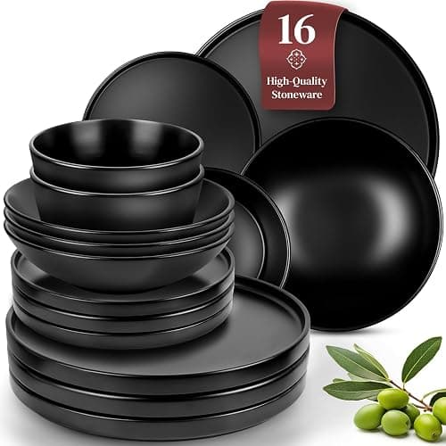 Matte Black Dinnerware Set - Ultra Chic Black Stoneware Dinnerware Sets for 4-16 pcs. Matte Black Plate Set - Dishwasher and Microwave Safe - Black Plates Ceramic and Bowls - Black Dishware - Set (16pcs) - black / black matte - Image 1