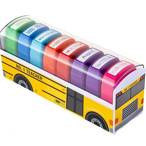 Teacher Stamps - Self Inking Motivational Encouraging and Colorful Set for School Classroom and Homeschool Setting (Set of 8) - School Bus - Image 1