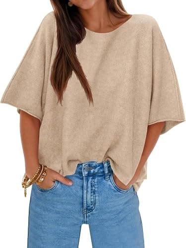 Khaki Size Small Cicy Bell Womens Oversized Short Sleeve Sweaters Tops Knit Fall Pullovers | Half Sleeve Trendy Casual Loose Fit Sweater, Heart&ploka dot&floral pattern,Knitted Boat Neck Work Top for Teachers - Image 1