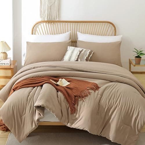 ROSGONIA Queen Comforter Set Taupe Brown, 3pcs(1 Boho Tan Comforter & 2 Pillowcases) All Season Soft Bedding Lightweight Bedspread Blanket Quilt - Image 1