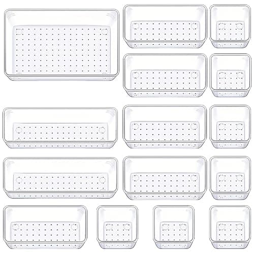 Manalete Drawer Organizers Set of 15, 4 Sizes Clear Plastic Drawer Organizers and Storage Bins for Kitchen, Bathroom, Office, Dresser Desk Drawer Organizer Tray for Jewelry, Makeup, Junk, Gadgets - Image 1