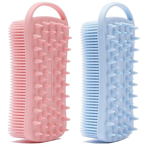 2 PC Silicone Exfoliating Body Scrubber, 2 in 1 Silicone Body Shampoo Brush, Soft Silicone Loofah for Sensitive Skin, Shower Silicone Hair Scalp Massager, Easy to Clean, Lather Well (Pink&Blue) - Image 1