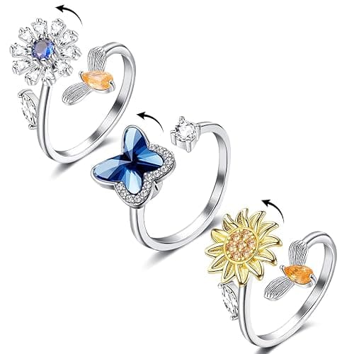 Honsny Fidget Rings for Women, Spinner Fidget Ring Set, Sunflower Butterfly Bee Star Moon Relief Spinning Rings for Adults - Image 1