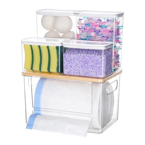 iCASA Trash Bag Dispenser Dishwasher Pods Container, 5 in 1 Garbage Bags Holder Under Sink Organizer Acrylic Laundry Pod Detergent Powder Container, Kitchen Pantry Laundry Room Organization Storage - Image 1