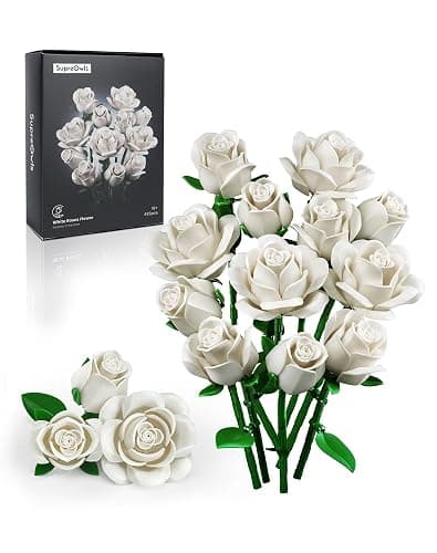 iATOM White Rose Bouquet Building Set, Wedding Artificial Flowers Botanical Collection for Adults Women, Gift for Christmas & Valentines Day - Home Office Table Centerpiece Decor - IA11013 - Image 1