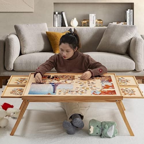 TEAKMAMA 1500 Piece Wooden Jigsaw Puzzle Board with 4 Drawers, Folding Puzzle Table with Protective Cover, Jigsaw Board with Legs, Multifunctional Game Table for Adults, 34W x 26.3D, Natural - Image 1
