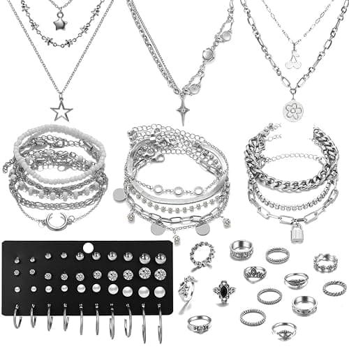 IFNODO 37pcs Silver Jewelry Set With 3 PCS Necklace, 14 PCS Bracelet, 7 PCS Ear Cuffs Earring, 6pcs Hoop Earrings,7pcs silver rings set For Women For Birthday Gifts - Image 1