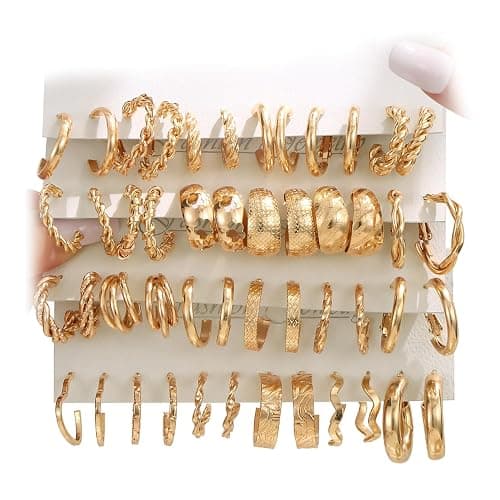 24 Pairs Gold Hoop Earrings Set for Women Hypoallergenic Chunky Chain Twisted Open Hoops Dangle Earring Packs for Birthday Party Fashion Jewelry Gift - Image 1