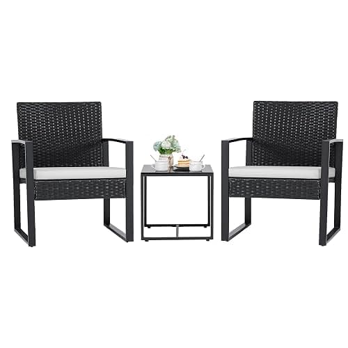 Flamaker 3 Pieces Patio Furniture Outdoor Wicker Modern Rattan Chair Conversation Sets with Coffee Table for Yard, Bistro(White) - Image 1