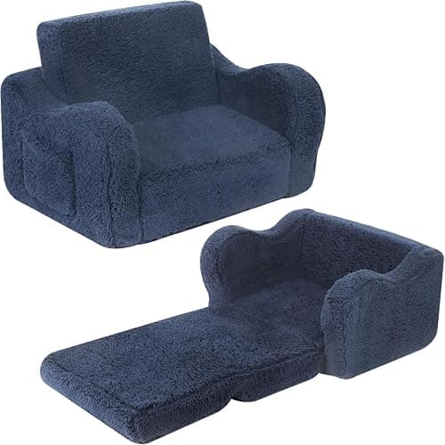 MOMCAYWEX Kids Chairs for Toddler, 2-in-1 Toddler Soft Sherpa Couch Fold Out, Convertible Sofa to Lounger for Girls and Boys, Dark Blue - Image 1