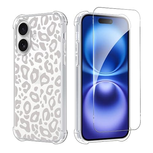 Phoona Case for iPhone iPhone 16 6.1" with Screen Protectors, Cute Leopard Girly Aesthetic Cheetah Pattern Design, Transparent Anti-yellowing Slim PC Shockproof Protection Cover for Girls Women - Image 1