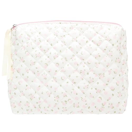 Quilted Makeup Bag Large Travel Zipper Soft Cosmetic Pouch for Women Girls Make Up,Little Flower Pink - Image 1