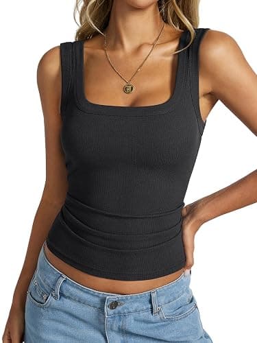 EasyGala Womens Ribbed Square Neck Tank Tops Basic Backless Sleeveless Summer Cami Shirts 2025 - Black - Small - Image 1