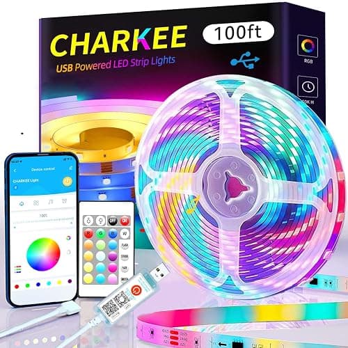 CHARKEE LED Lights 100ft USB-Powered, Music Sync RGB LED Strip Lights for Bedroom/TV Backlight/Gaming Lighting, Color Changing Bluetooth Led Lights IR Remote&App Control - Image 1