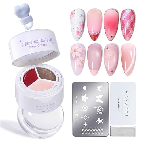 Makartt 5-in-1 Nail Art Gel: ColorPot 3 Colors Gel Nail Polish No Wipe with Nail Stamp for Stamping, French Tips, Ombre, Painting, 3d Micro-Sculpting with Silicone Head for Diy Nails at Home Salon - Image 1