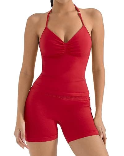 SUUKSESS Women Halter Backless Sports 2 Piece Sets Seamless Padded Ribbed Workout Set Gym Yoga Bra - Image 1