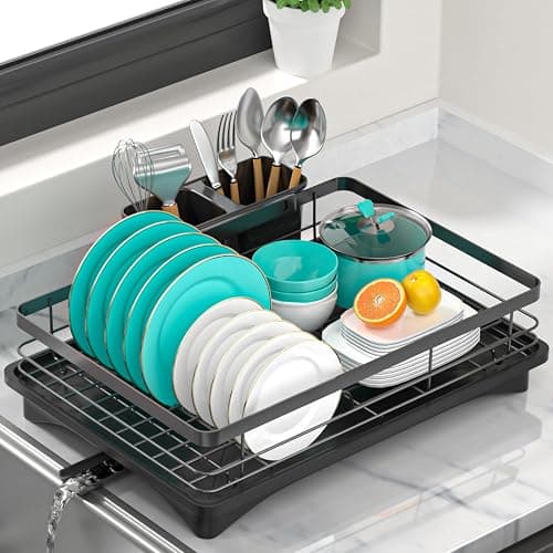 Vepsens Small Dish Drying Rack for Kitchen Counter with Drainboard & Utensil Holder, Metal Dish Drainers for Kitchen with Adjustable Drain Spout, Ideal Dish Strainers for Singles or Couples, Black - Image 1