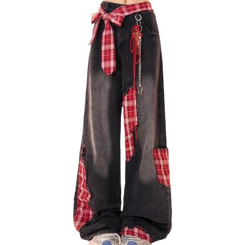 XIALIJU Women's Loose Casual Pants American y2k Retro Street Style Bow tie Splicing Checkered Black Slim fit Wide Leg Jeans - Image 1