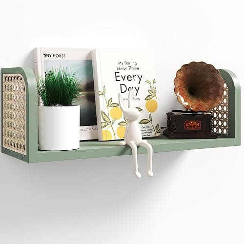 LUPWNEKA Green Rattan Wall Shelf, Wooden Hanging Bookshelf Storage, Cute Nursery Shelves Wall Mounted, Boho Decorative Floating Shelves for Kids Room, Living Room, Play Room, Bedroom - Green, Set of 1 - 5.5"D x 17.1"W x 5.9"H - Image 1