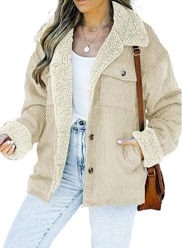 Dokotoo Corduroy Sherpa Jacket for Women Button Down Fleece Fur Collar Winter Warm Coat - Image 1