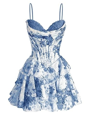 camftbo Spaghetti Straps Short Homecoming Dresses for Teens 2025 A Line Corset Tiered Cocktail Party Dress - Floral Dusty Blue - 4 - Image 1