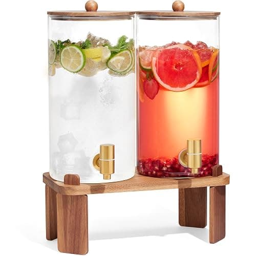 2 PCS 1.5 Gallon Drink dispenser, Glass Beverage Dispenser With Wood Stand, Large Water Drink Dispensers for Parties With Stainless Steel Spigot, Ideal for Lemonade,Juice, Tea, and Party Drinks - Image 1
