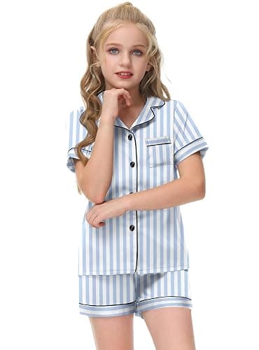 Veseacky Unisex Satin Pajamas Set Boys Girls Silk Pjs Short Sleeve 2 Piece Sleepwear Button-Down Kids Nightwear(4-13T) - Image 1