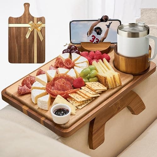 ZenStorage Acacia Wood Couch Arm Table Tray with Charcuterie Board with Phone Holder, Cup Slot & Folding for Wide/Narrow Recliners, Snack Table for Small Spaces TV Entertaining (Natural Wood) - Image 1