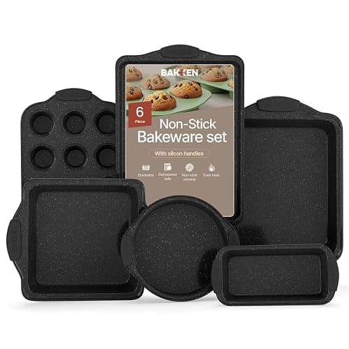 BAKKENMaster 6-Piece Nonstick Gray Marble Coated Bakeware Set - Professional Quality Carbon Steel Pans with Silicone Handles - Ideal for Oven, Refrigerator, Freezer - Dishwasher Safe - Image 1