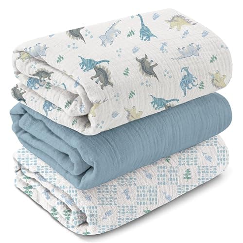 Soarwg Kids Muslin Swaddle Baby Blanket Muslin Cloths for Newborns, Pack of 3 Muslin Blanket, Large 95 x 100cm (Dinosaur Print) for Baby Shower - Image 1