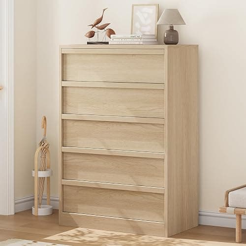 GarveeHome 5 Drawer Dresser for Bedroom, Modern 5 Chest of Drawers Tall with Large Drawers Storage, Wooden Dresser Organizer for Living Room, Nursery, Entryway - Natural - Image 1