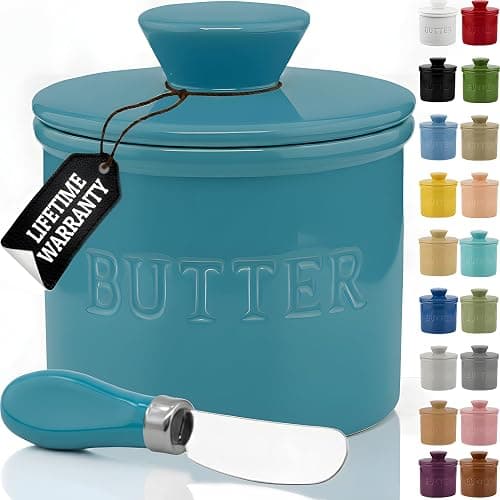 PriorityChef Butter Crock with Lid with Water Line, Ceramic French Butter Dish to Leave On Counter, Turquoise - Image 1