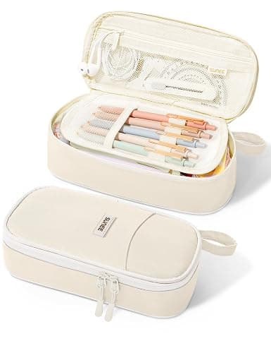SUNEE Cute Pencil Case, Aesthetic Pen Pouch, Colored Large Pencil Bag with Zipper, Kawaii Stationery Storage and Organizer, School Supplies for Teen and Adult Girls, Beige - Image 1