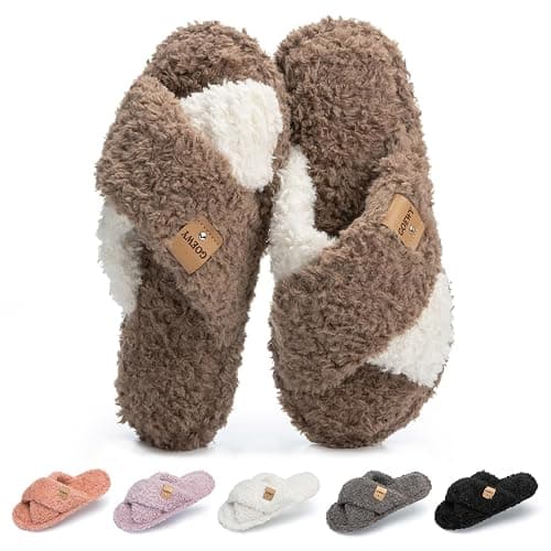 GOEWY Fuzzy Open Toe Slippers for Women Indoor and Outdoor with Memory Foam Cozy Cross Band Women's Slipper Cute Soft House Shoes Slip On Gifts for Womens Mom Her Ladies Bridesmaid - Image 1