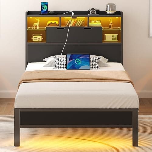 Rolanstar Twin Bed Frame with Headboard, LED Bed with Bookcase Storage and Charging Station, Metal Platform Bed with Glass Shelves, No Box Spring Needed, Noise-Free, Black - Twin - Image 1