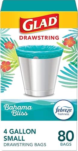 Glad Small Trash Bags, Great for Office, Bathrooms and Bedroom Bins, Bahama Bliss Scented Garbage Bags, Odor Resistant with Drawstring, Febreze Freshness, 4 Gallon Trash Bags, 80 Count - Image 1