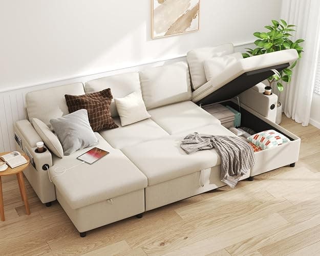 DURASPACE Sofa Bed Pull Out Couch Sleeper with Double Storage Chaise, U Shaped Convertible Sectional Sleeper Sofa for Living Room with USB Charging Ports, Cup Holder (Beige) - Image 1