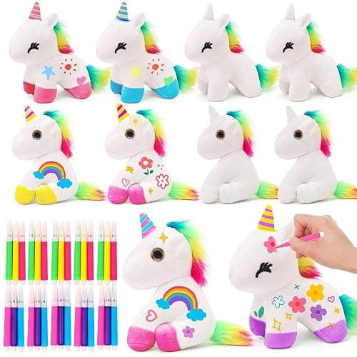 HAPGFS 10Pcs Unicorn Party Favor Bulk Toys Mini Plush Unicorn Stuffed Animals with Coloured Pens Small Rainbow Unicorn Keychain for Birthday Wedding Christmas Goodie Bag Stuffer Party - Image 1