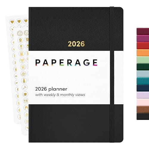 PAPERAGE 2026 Weekly & Monthly Planner, 12 Months (January 2026 - December 2026), 5.6 in x 8 in, Hardcover 2026 Planner with Weekly & Monthly Spreads, Note Pages, Stickers & Back Pocket – Black - Image 1