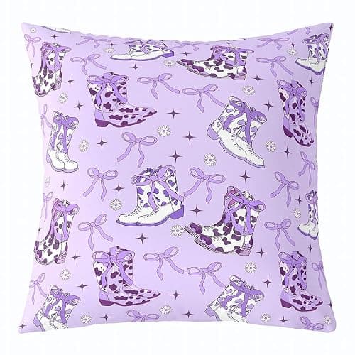 Erosebridal Western Decor Throw Pillow Covers Cowgirl Bow Cushion Covers 16X16 Inch Purple Bowknot Cushion Cases for Bed Couch Living Room Southwest Boots Farmhouse Pillow Inserts Not Included - Image 1