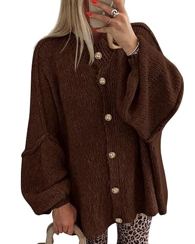 BTFBM Cardigan Sweaters for Women 2025 Fall Clothes Lantern Long Sleeve Button Open Front Chunky Knit Oversized Sweater - Image 1