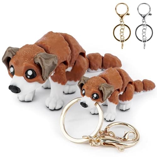 Waaaandefu 3D Printed Flexi Dog Set – Articulated Desk Figure 5.2 in with Mini Puppy Keychain 3.5 in, Gold & Spare Silver Ring, Poseable Collectible - Image 1