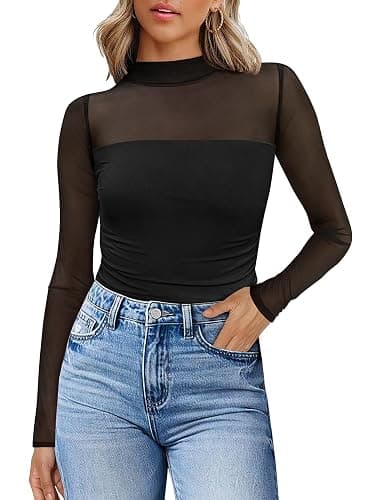 Womens Sexy Mesh Long Sleeve Shirts Fashion Clothing Turtle Necks Sheer Ruched Going Out Tops Fall Outfits Slim Fit Blouses - Image 1