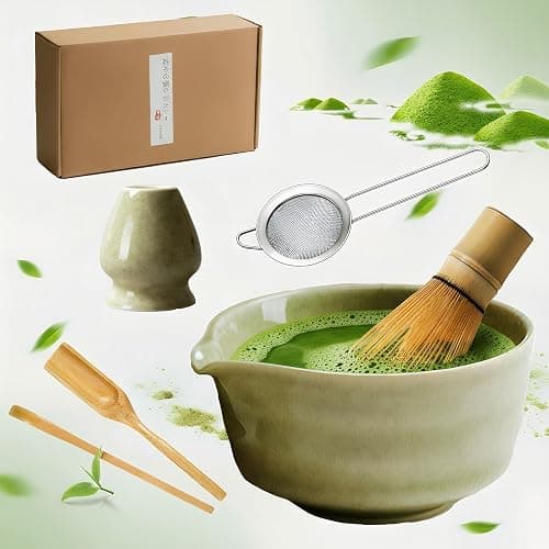 6PCS Matcha Tea Whisk Set, Ceramic Matcha Bowl with Spout, Complete Matcha Tea Set Whisk Starter Kit for Beginners and Enthusiasts (Green) - Image 1