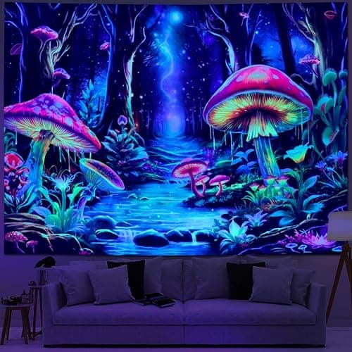Yuiqear Blacklight Mushroom Tapestry Fantasy Forest Tree Tapestries UV Reactive Floral Plant Tapestries Neon Glow in The Dark Tapestry Wall Hanging for Bedroom Aesthetic Decor - Image 1